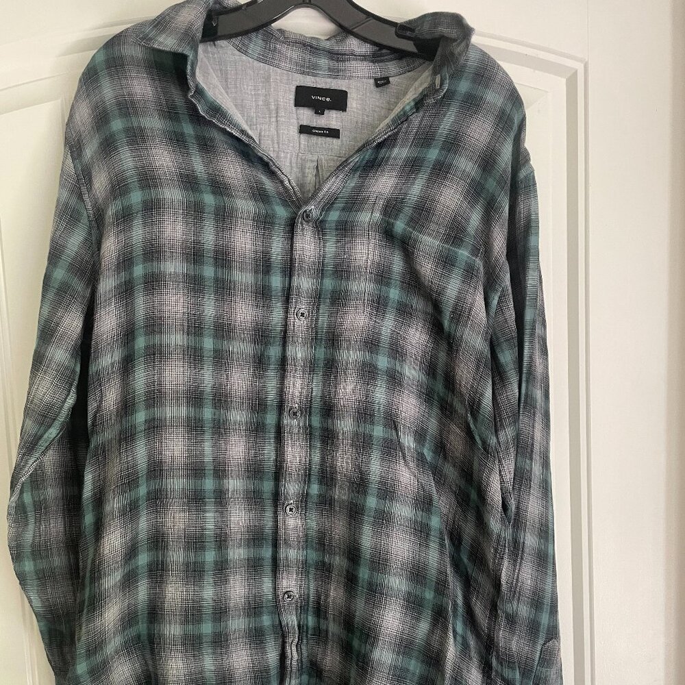 Vince Men's Gray, Black & Green Plaid Cotton Shirt – Size L